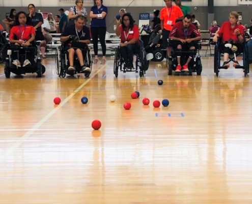 5 boccia players in a row competing at Boccia Nationals 2019