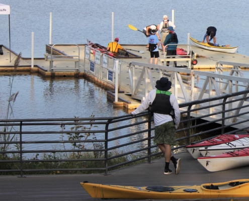 overview of low profile kayak dock at Lake Crabtree