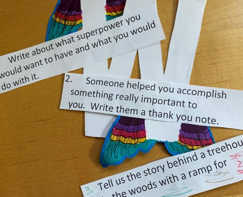 writing prompts from GiGe journaling event laid out on a table with the letter W and color wings behind