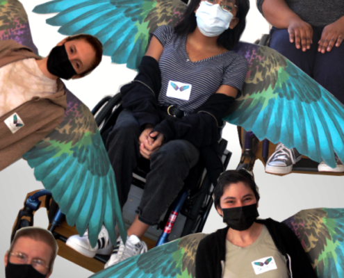 girls and woman,some using wheelchairs, pose in brightly colored GiGe wings